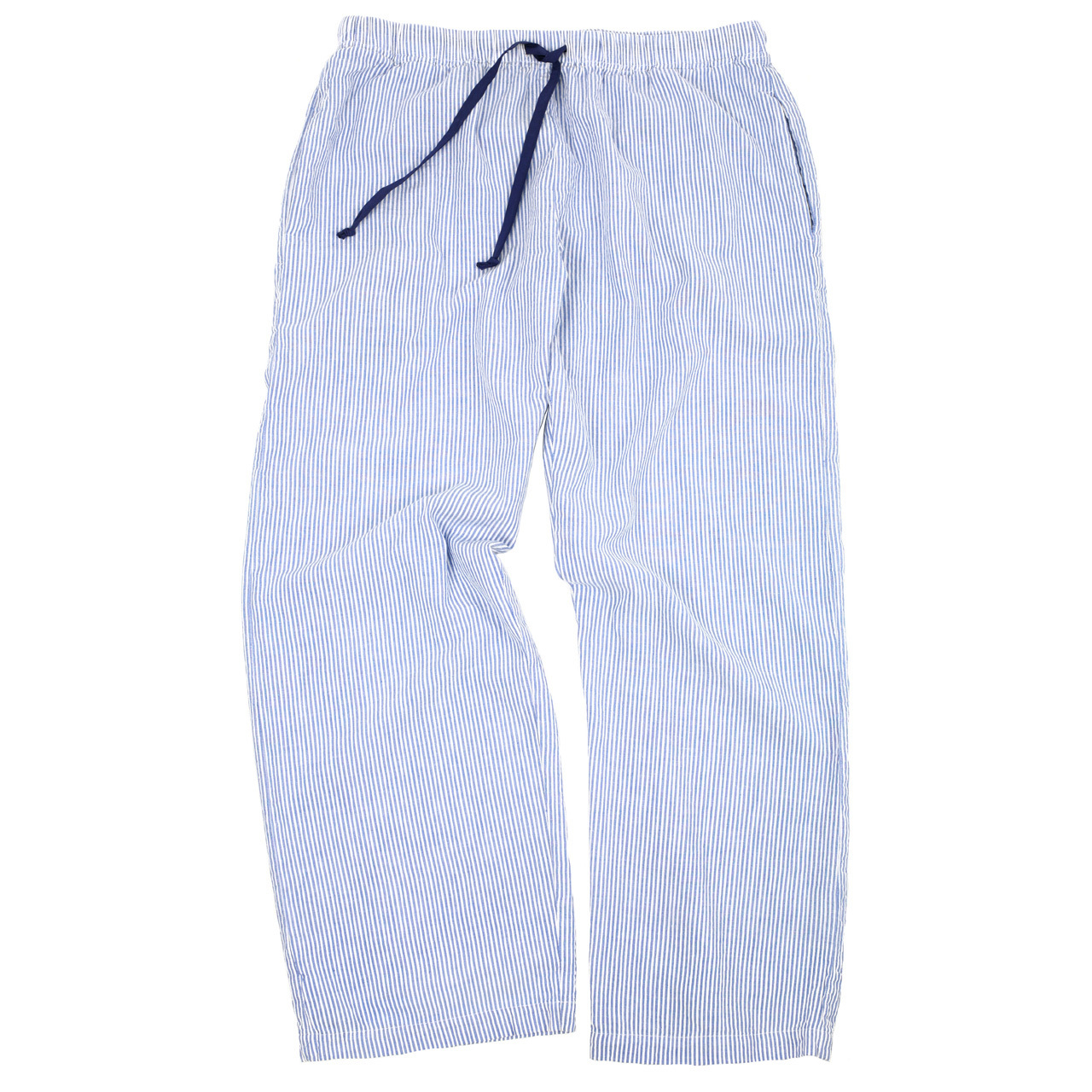 Flat image of women's cotton Blue Seersucker sleep pants. 